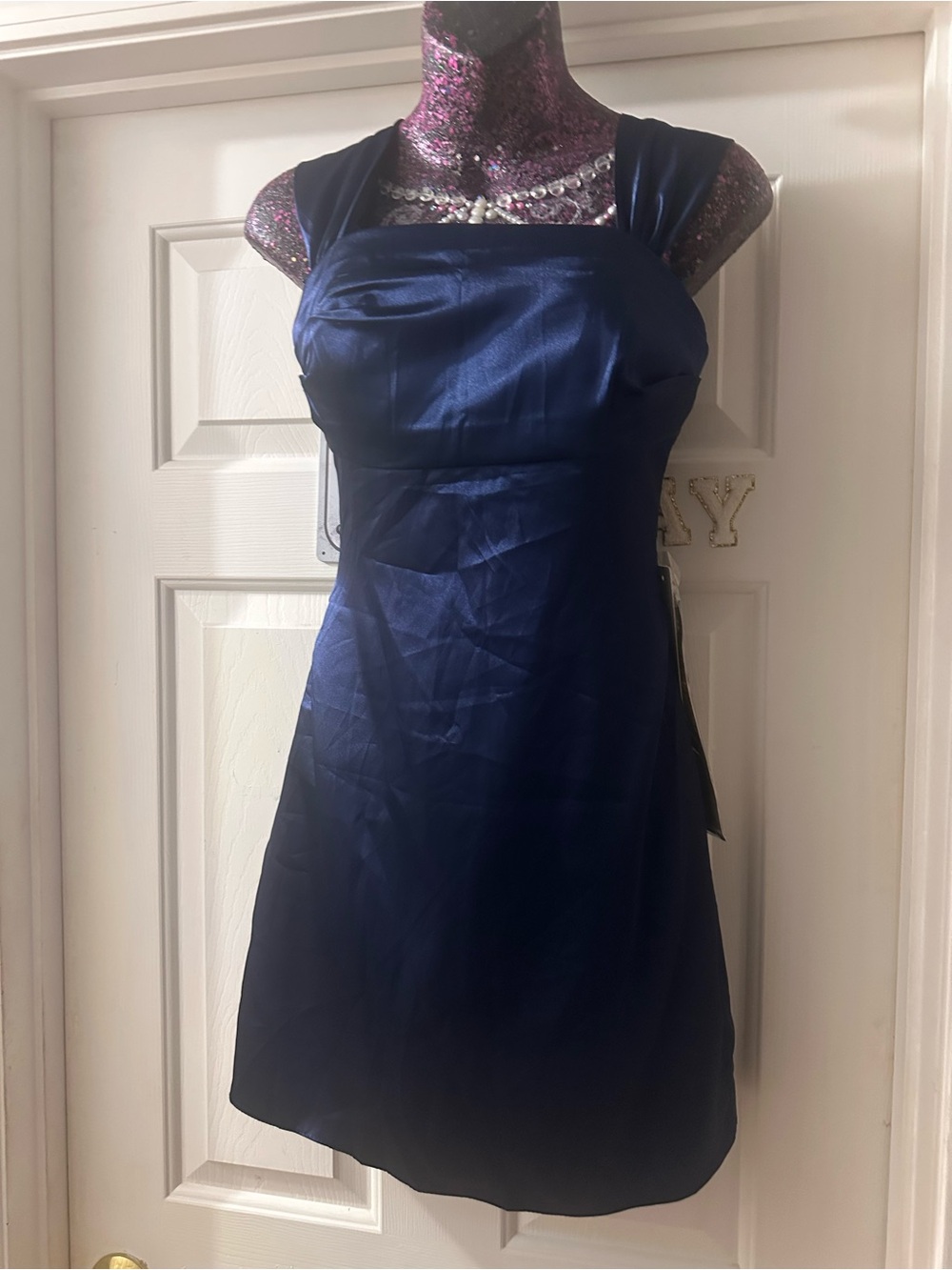 Navy Satin Square-Neck Sleeveless Mini Dress